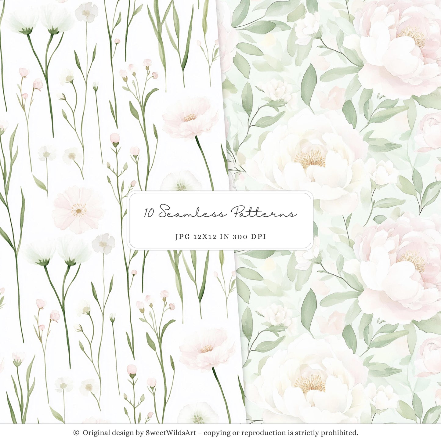 Sweet Fairyland - Seamless Patterns, Pastel Fairy Garden, Pink Floral | 10 JPEG