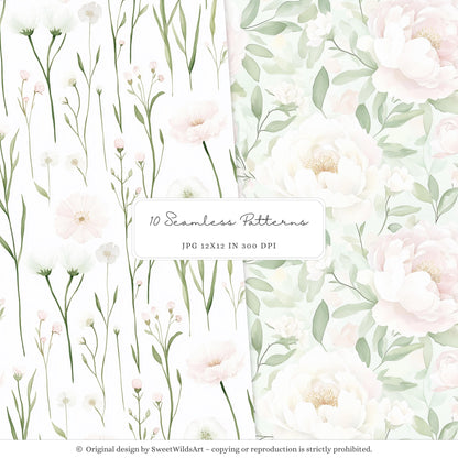 Sweet Fairyland - Seamless Patterns, Pastel Fairy Garden, Pink Floral | 10 JPEG