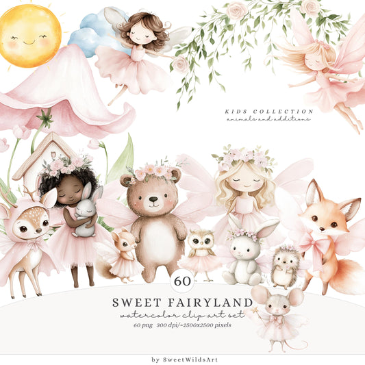 Sweet Fairyland - Cute Pink Clipart, Animals, Baby, Unicorn, Bunny, Deer | 60 PNG