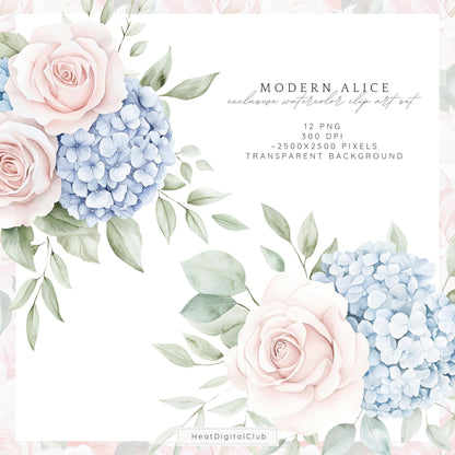 Modern Alice - Floral Arrangements Clipart, Pink Roses, Hydrangea | 12 PNG