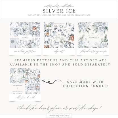 Silver Ice - Floral Arrangement, Cozy Winter Roses Clipart, Christmas | 12 PNG