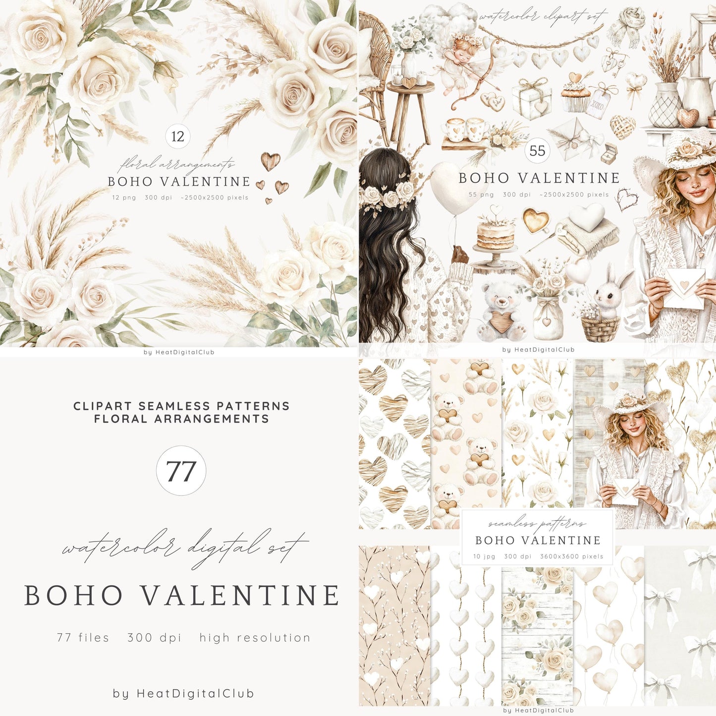 Boho Valentines - Collection Bundle, Romantic Clipart, Rustic Love | 77 PNG/JPEG