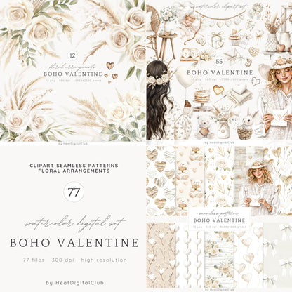 Boho Valentines - Collection Bundle, Romantic Clipart, Rustic Love | 77 PNG/JPEG