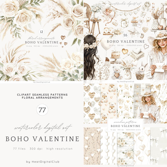 Boho Valentines - Collection Bundle, Romantic Clipart, Rustic Love | 77 PNG/JPEG