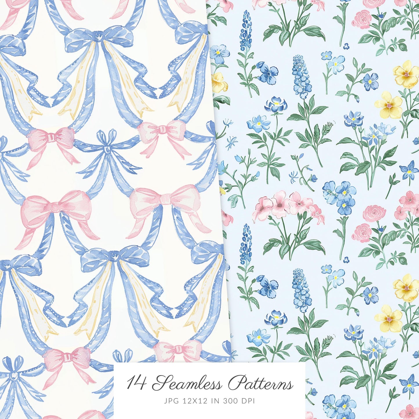 Grandmillennial - Seamless Patterns, Set 2, Pastel Floral, Stripes, Plaid, Glitter | 14 JPEG