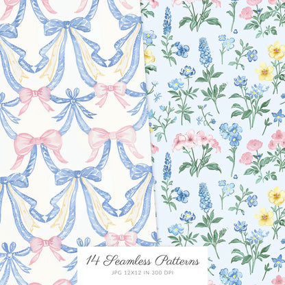 Grandmillennial - Seamless Patterns, Set 2, Pastel Floral, Stripes, Plaid, Glitter | 14 JPEG