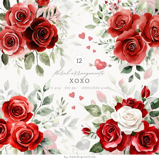 XOXO - Valentines Day Floral Arrangements Clipart, Red Roses | 12 PNG
