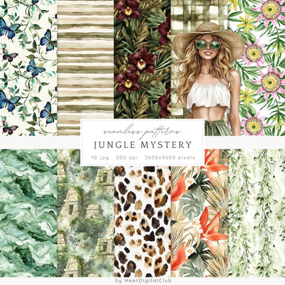 Jungle Mystery - Seamless Patterns, Leopard Print, Floral, Tropical | 10 JPEG