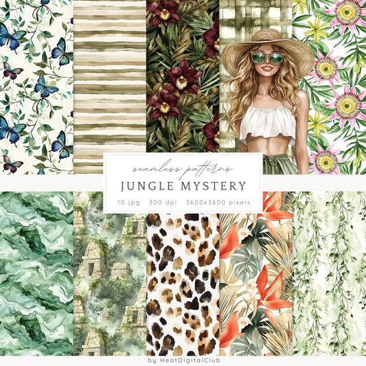 Jungle Mystery - Seamless Patterns, Leopard Print, Floral, Tropical | 10 JPEG