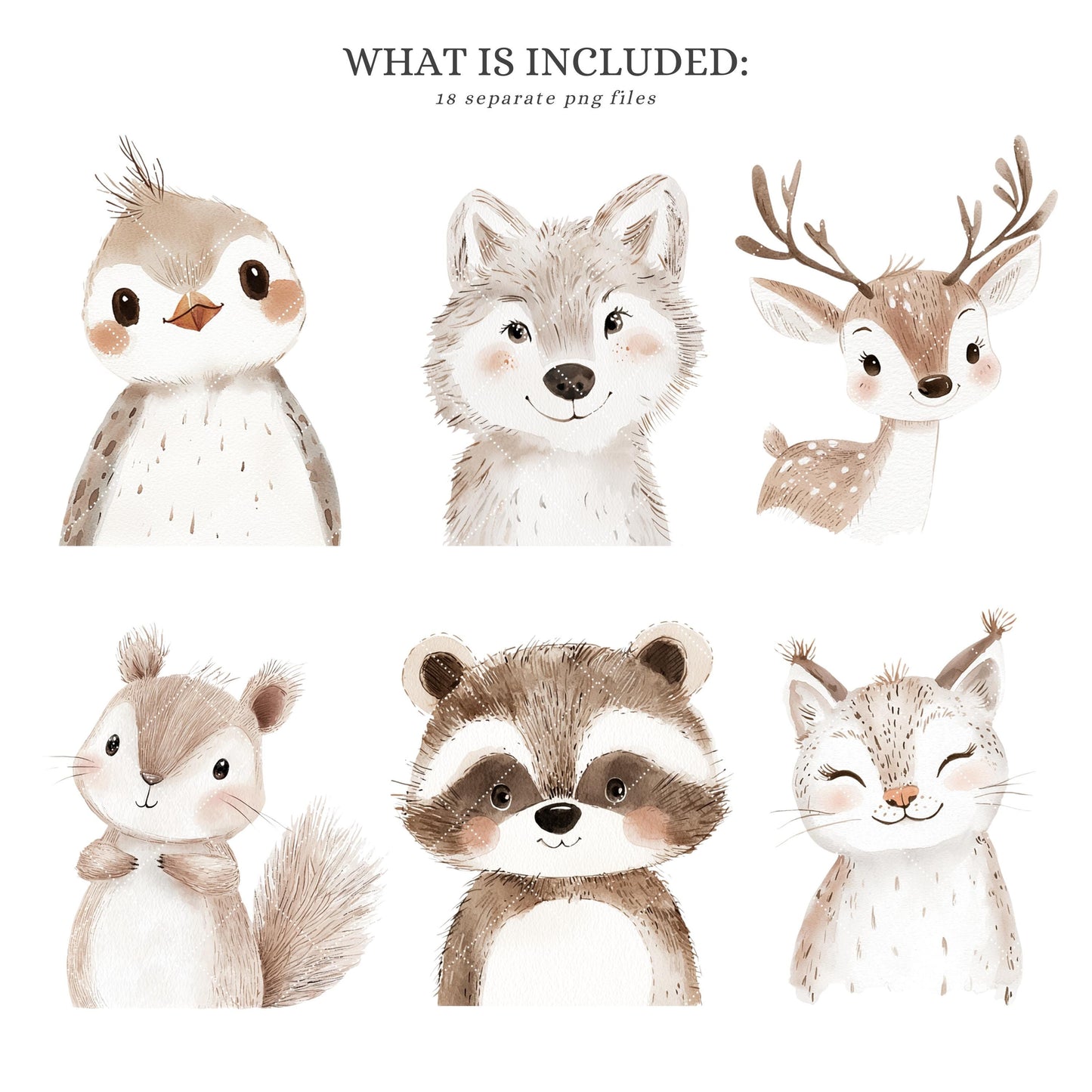 Woodland Portraits - Cute Animals Clipart, Baby Shower, Nursery, Boho Forest | 18 PNG