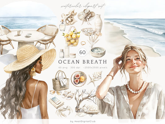 Ocean Breath - Neutral Summer Beach Clipart, Coastal Vacation | 60 PNG