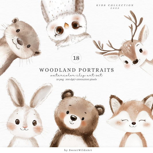Woodland Portraits - Cute Animals Clipart, Baby Shower, Nursery, Boho Forest | 18 PNG