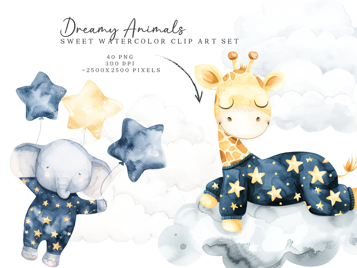 Dreamy Animals - Night Time, Pajama Party, Cute Nursery Animal Clipart | 40 PNG