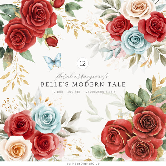 Belle's Modern Tale - Floral Arrangements ClipArt, Red Roses | 12 PNG