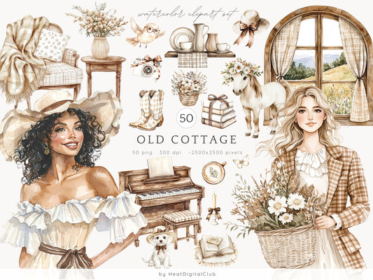 Old Cottage - Cottagecore Clipart, Rustic, Planner, Vintage | 50 JPEG
