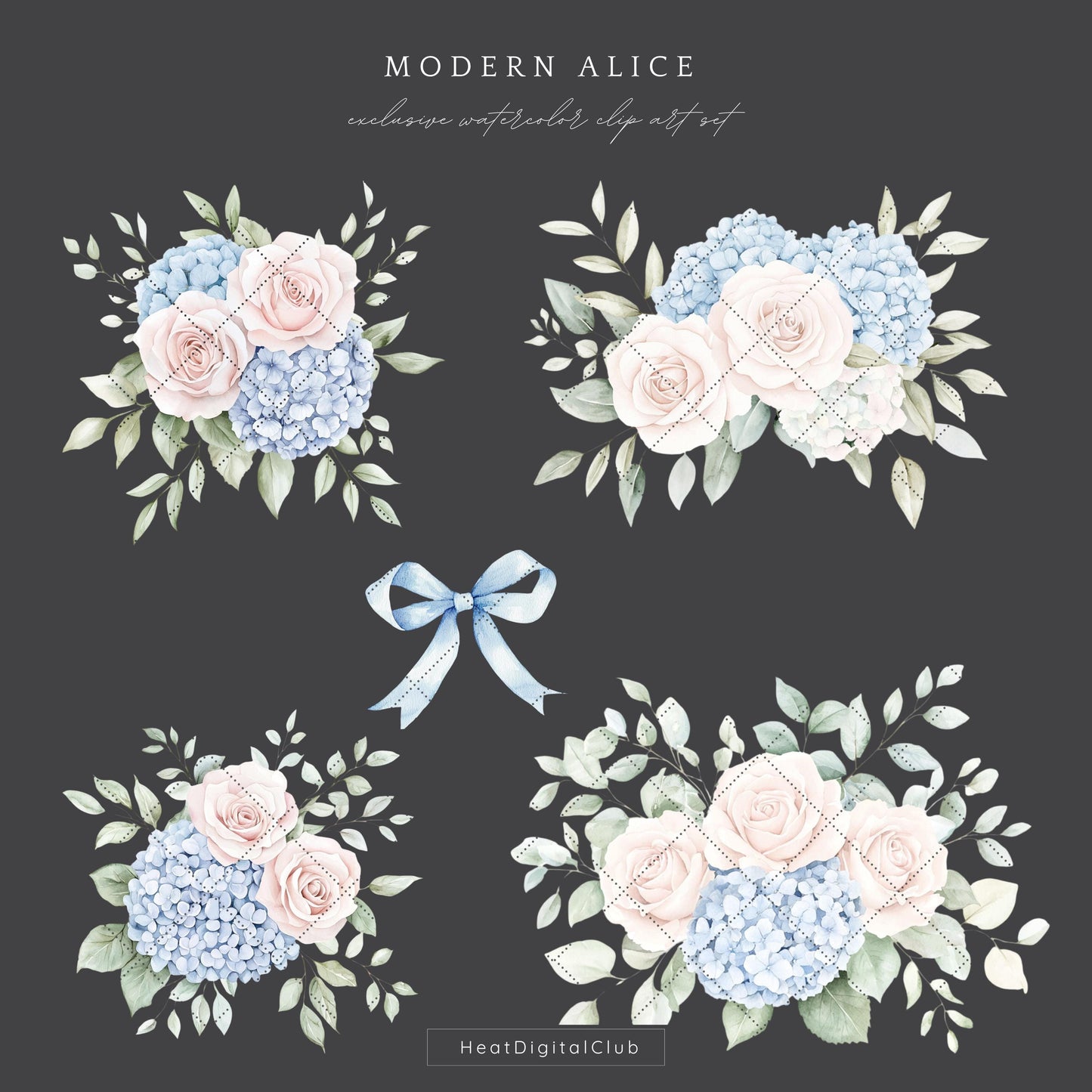 Modern Alice - Floral Arrangements Clipart, Pink Roses, Hydrangea | 12 PNG
