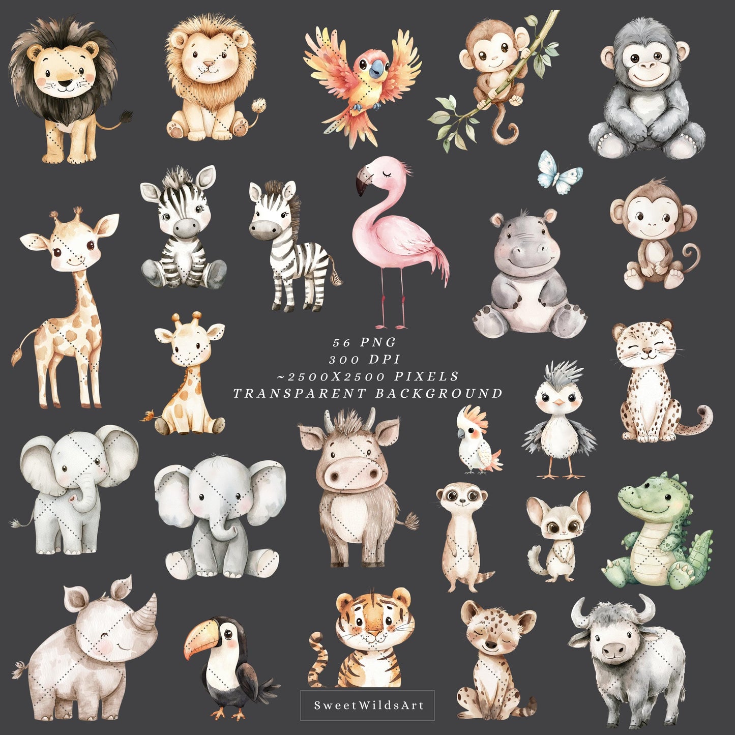 Safari Friends - Cute Animals Clipart, Baby Shower, Nursery, Boho Tropical | 56 PNG