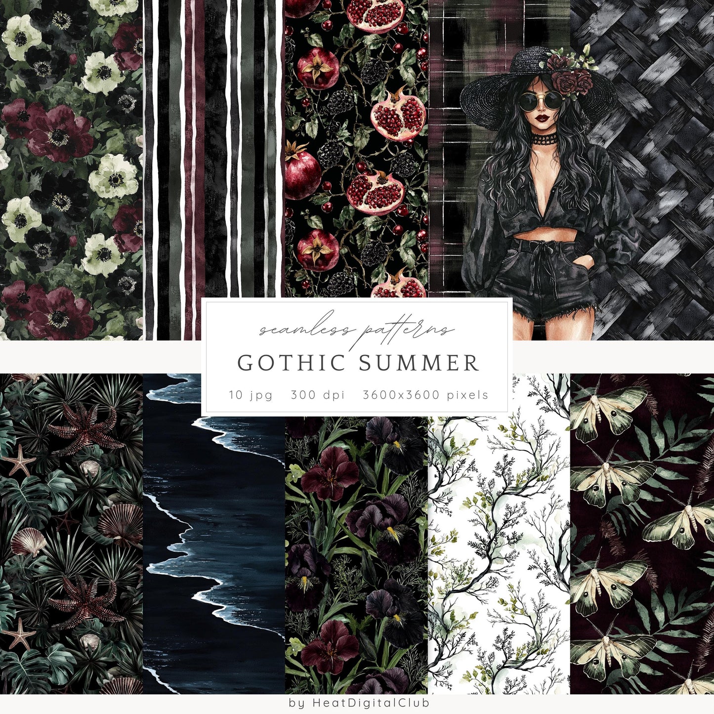 Gothic Summer - Seamless Patterns, Dark Beach, Goth Floral | 10 JPEG