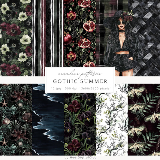 Gothic Summer - Seamless Patterns, Dark Beach, Goth Floral | 10 JPEG