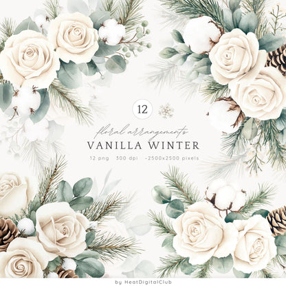 Vanilla Winter - Floral Arrangement, Cozy Roses Clipart, Poinsettia | 12 PNG