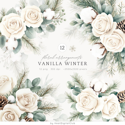 Vanilla Winter - Floral Arrangement, Cozy Roses Clipart, Poinsettia | 12 PNG