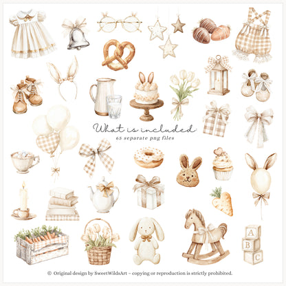 Gentle Meadow - Bunny Clipart, Cute Easter Rabbits, Neutral Cottagecore, Baby Shower, Nursery | 65 PNG