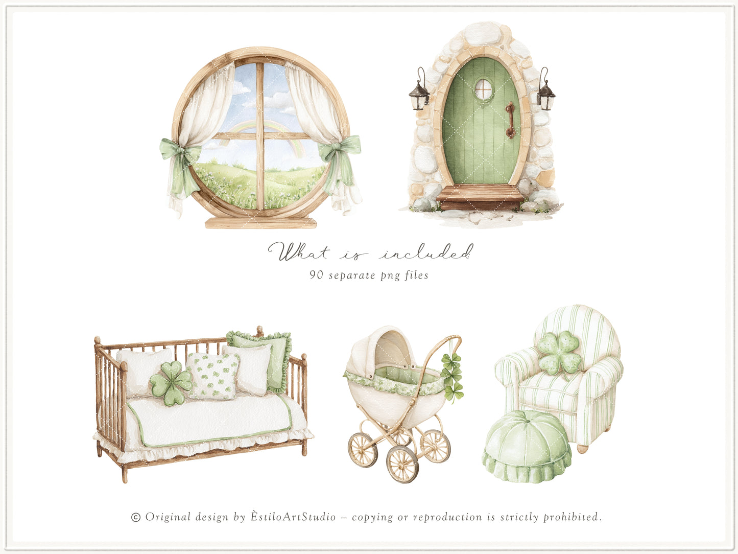 Lucky Atelier - Clipart, St Patrick’s Day Nursery, Irish Baby Toys, Clover, Green Vintage Children | 100 PNG/JPEG