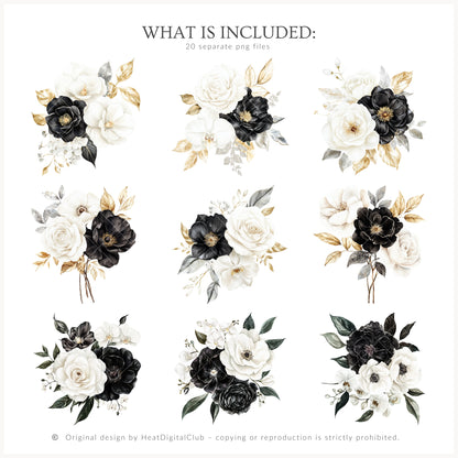 Happy New Year - Floral Arrangements Clipart, Black White Gold, Holiday Bouquet | 20 PNG
