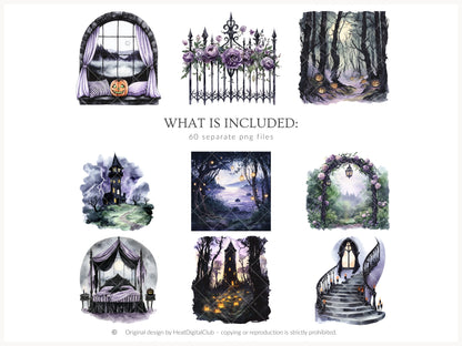 Haunted Rapunzel - Watercolor Clipart Set, Fairytale Gothic Halloween | 60 PNG