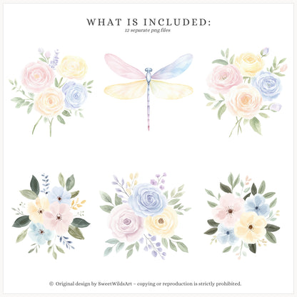 Rainbow World - Floral Arrangements, Pastel Watercolor Flowers  | 12 PNG