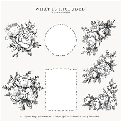 Drawing Party - Floral Line Art, Flowers Clipart, Black and White Peony | 14 PNG