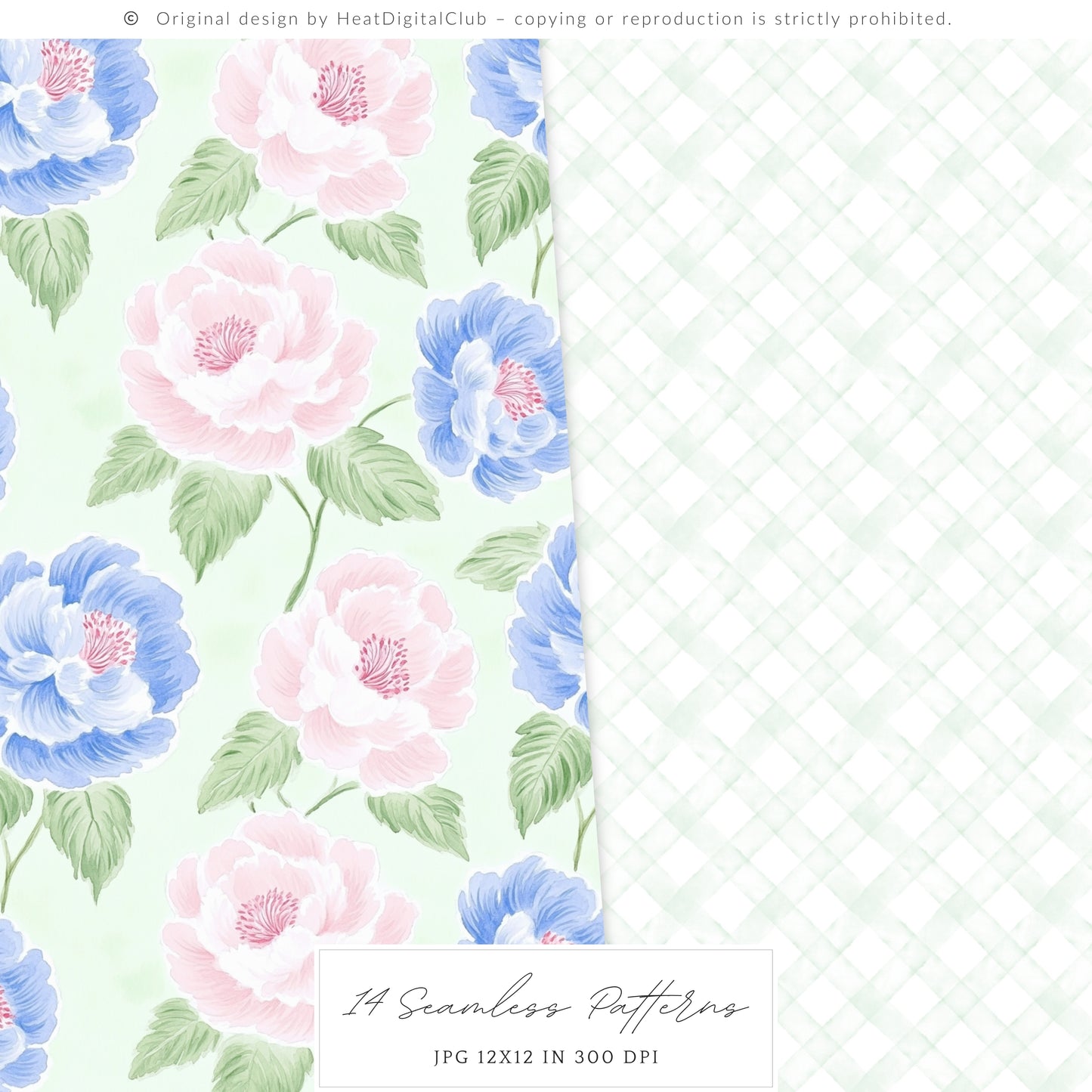 Grandmillennial - Seamless Patterns, Set 3, Pastel Floral, Stripes, Plaid, Glitter | 14 JPEG