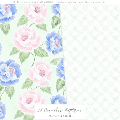 Grandmillennial - Seamless Patterns, Set 3, Pastel Floral, Stripes, Plaid, Glitter | 14 JPEG