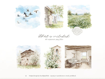 Country Spring - Clipart, Rustic Cottagecore, Strawberry Garden, French Farmhouse | 60 PNG