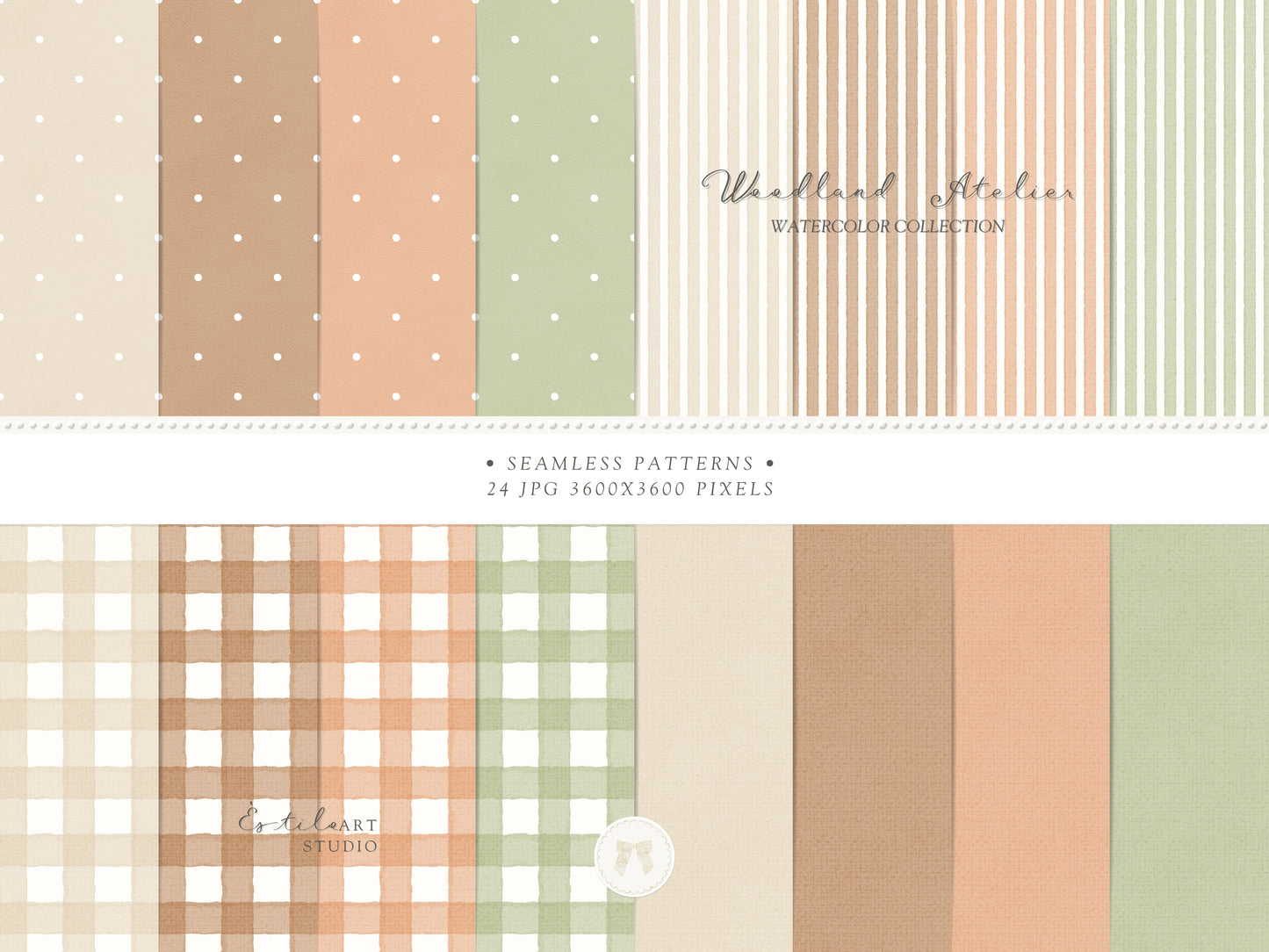 Woodland Atelier - Seamless Patterns, Forest Animals Nursery, Gingham Stripes Plaid, Woodland Fabric Design | 24 JPEG