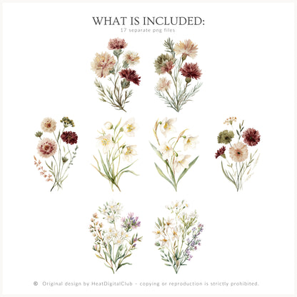 Spring Journey - Floral Arrangements  Clipart, Botanical, Elegant English Spring Flowers, Soft Wildflowers | 17 PNG
