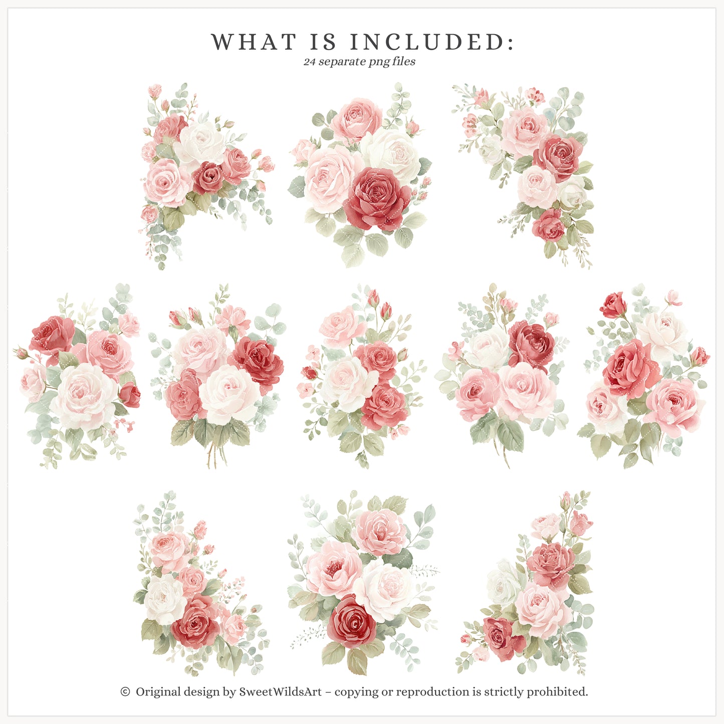 Romantic Classics - Floral Arrangements Clipart, Rose Bouquets, Valentine's Day, Hearts | 24 JPEG