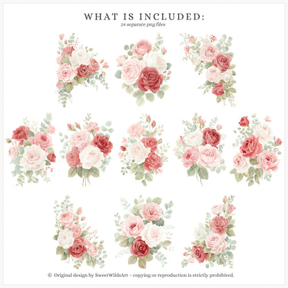 Romantic Classics - Floral Arrangements Clipart, Rose Bouquets, Valentine's Day, Hearts | 24 JPEG