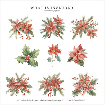 Holiday Classics - Floral Arrangements Clipart, Poinsettia, Evergreen, Christmas | 25 PNG