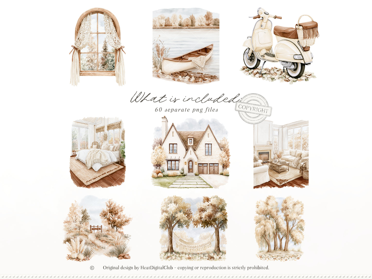 Bohemian Fall - Boho Autumn Clipart, Western Fall Graphics, Pumpkin, Cottage Fall | 60 PNG