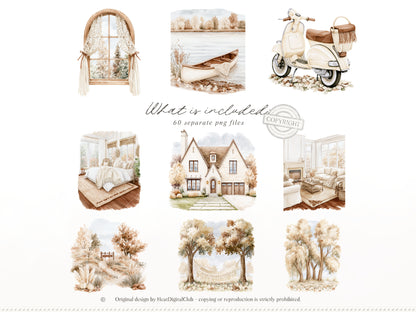 Bohemian Fall - Boho Autumn Clipart, Western Fall Graphics, Pumpkin, Cottage Fall | 60 PNG