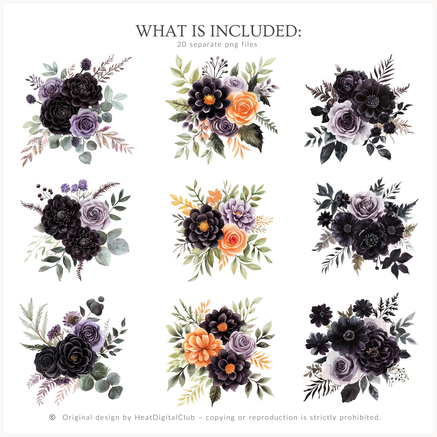 Haunted Rapunzel - Watercolor Floral Arrangements,Gothic Halloween Pumpkins | 20 PNG