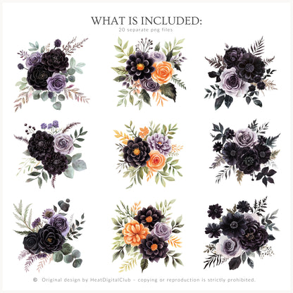 Haunted Rapunzel - Watercolor Floral Arrangements,Gothic Halloween Pumpkins | 20 PNG