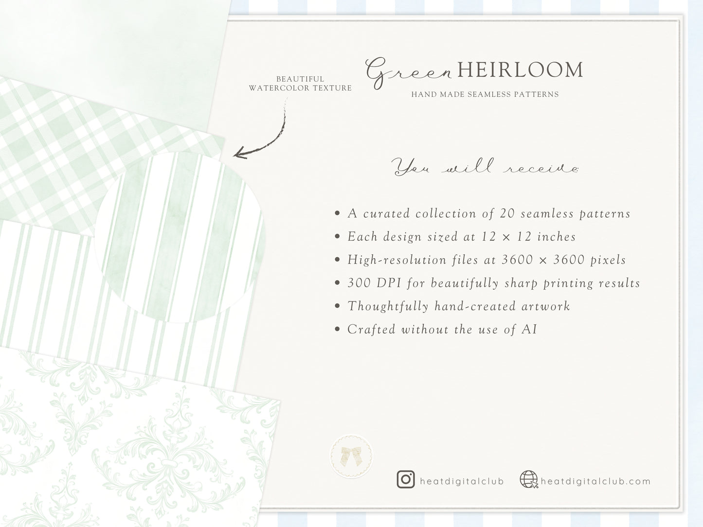 Green Heirloom - Seamless Patterns, Classic Stripe Gingham Damask Bows, Elegant Digital Paper | 20 JPEG