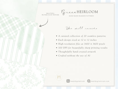 Green Heirloom - Seamless Patterns, Classic Stripe Gingham Damask Bows, Elegant Digital Paper | 20 JPEG