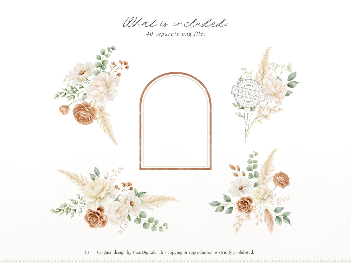 Bohemian Fall -Floral Arrangements Clipart, Autumn Botanical Elements, Cream Rose, Boho Fall Frames | 40 PNG