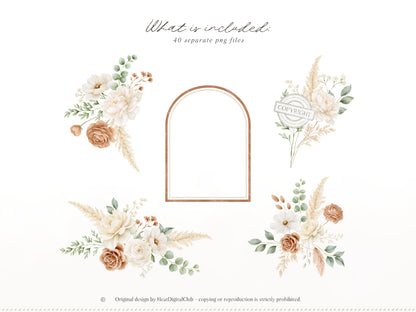 Bohemian Fall -Floral Arrangements Clipart, Autumn Botanical Elements, Cream Rose, Boho Fall Frames | 40 PNG