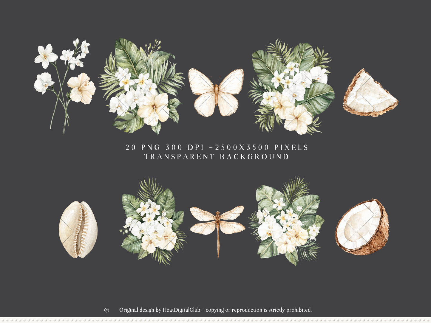 Coconut Dune - Tropical Floral Arrangements Clipart, Palm Leaves , White Beach Flowers | 20 PNG