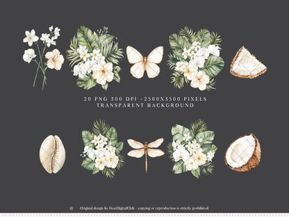 Coconut Dune - Tropical Floral Arrangements Clipart, Palm Leaves , White Beach Flowers | 20 PNG