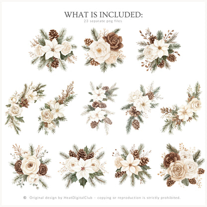 Winter Cocoa - Floral Arrangements Clipart, Elegant Flowers & Christmas Ornaments | 23 PNG
